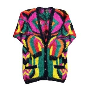 Vintage Classiques Mohair Acrylic Fuzzy Colorful Cardigan Sweater 80s Sz M